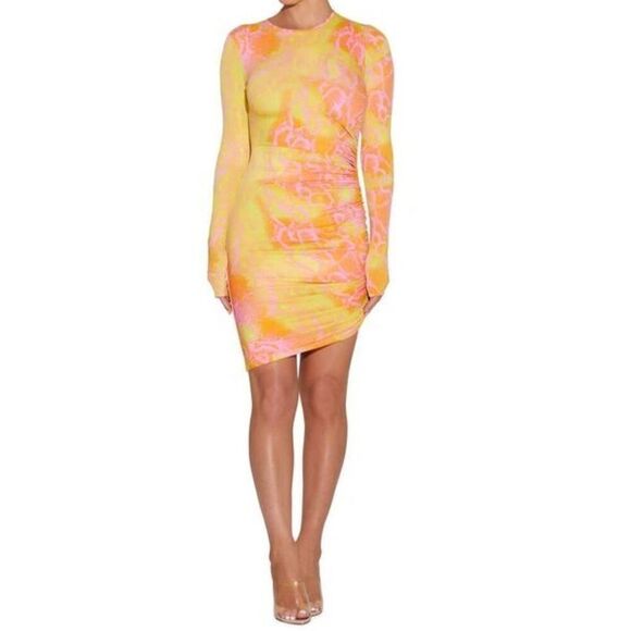 NWOT Naked Wardrobe Cinched Long Sleeve Bright Bodycon Sexy Mini Dress Small - Picture 1 of 11